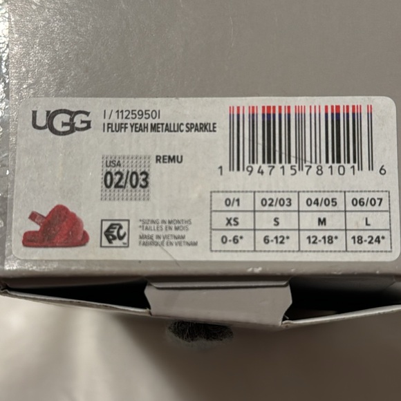 NEW UGG Baby Fluff Yeah Red Metallic Gold Sparkle Slippers size 2/3 US 6-12 Mth - Picture 3 of 8